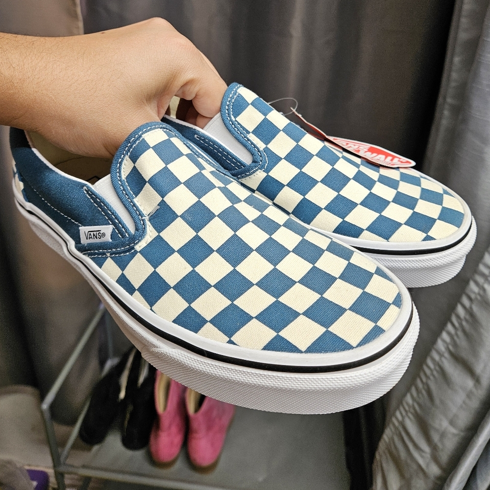 Dark turquoise checkered slip on vans